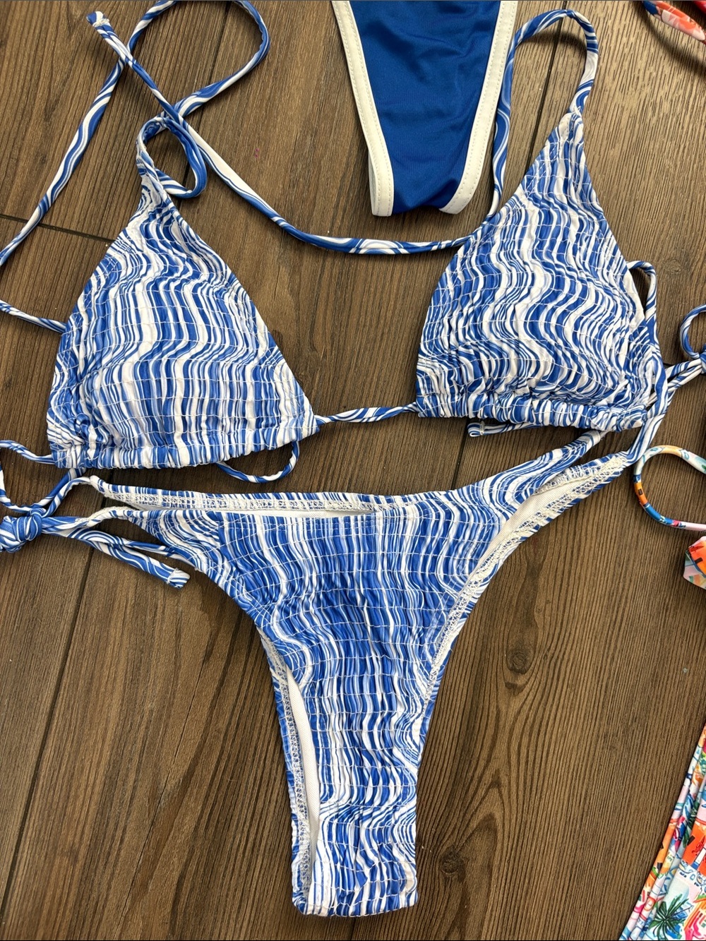 Mixed Pattern String Bikini Set - Blue, Orange, Red, Multicolor - Picture 2 of 6